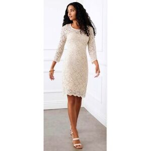 Karen Kane Lace Sheath Dress Ivory 3/4 Sleeve Scoop Neck Made in USA Size S ECRU